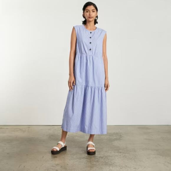 NWT EVERLANE The Tiered Midi Dress Blue White Stripe Large - Picture 1 of 7
